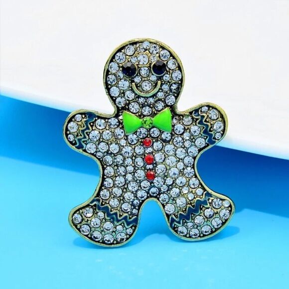 Rhinestone Gingerbread Boy Brooch Pin Christmas Fashion Jewelry New - Picture 3 of 3
